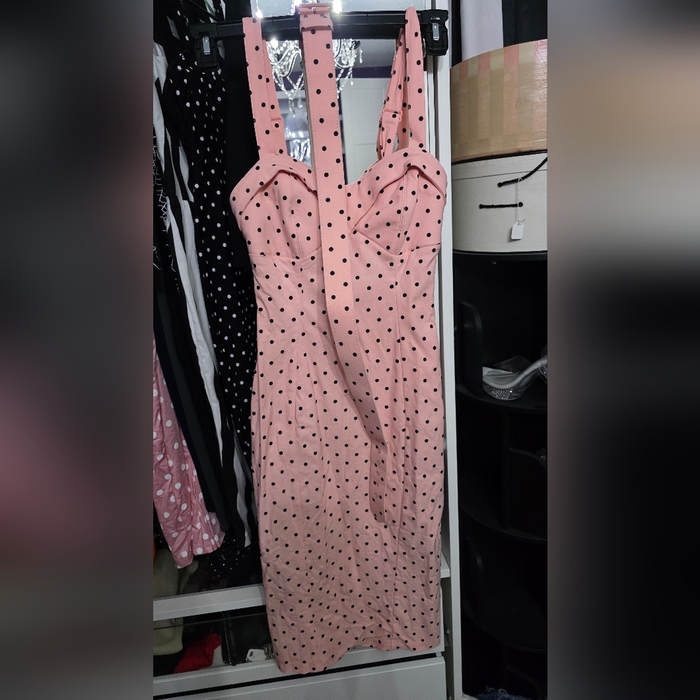 Vixen by Micheline Pitt Pink Polka Dot Midi Dress with Belt - Picture 3 of 7